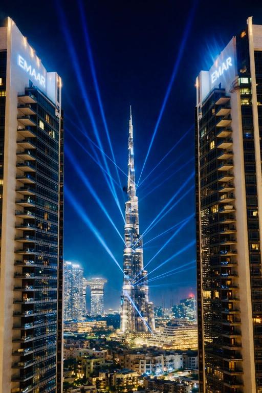 a view of the shard in a city at night at Spacious & cozy Studio in Downtown! in Sabkhah