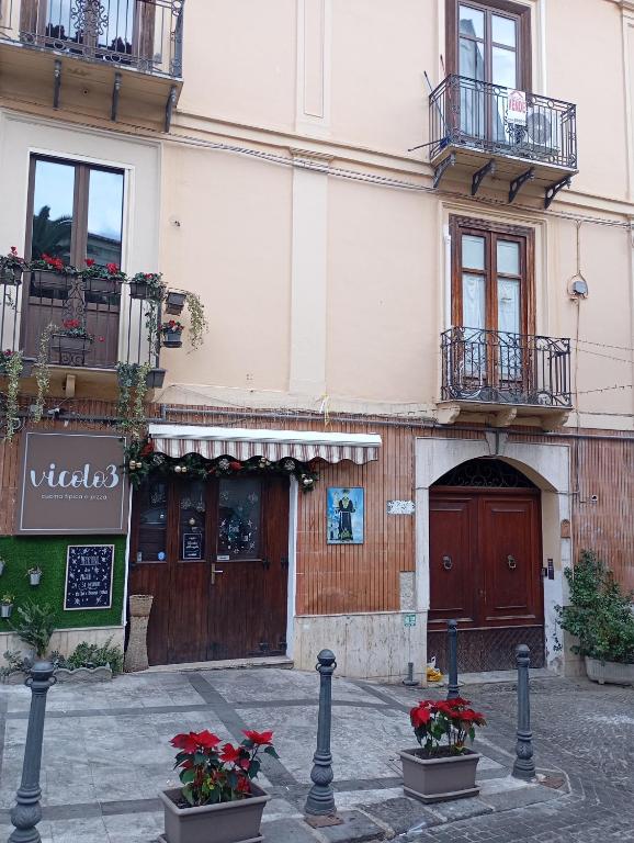 un edificio con due vasi di fiori di fronte di Stanza privata nel centro di Lamezia a Lamezia Terme