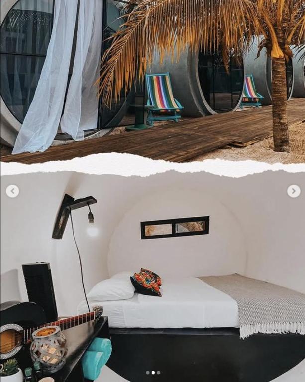 two pictures of a bedroom with a bed and a palm tree at La playita Sabancuy in Cuba