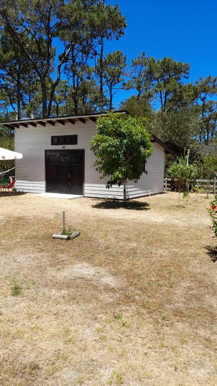 ein weißes Gebäude mit einem Baum davor in der Unterkunft Tiny Moor Laguna Garzón in José Ignacio