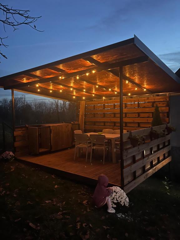 een prieel met een tafel en verlichting bij Vikend kuca pod lipom in Rudnik