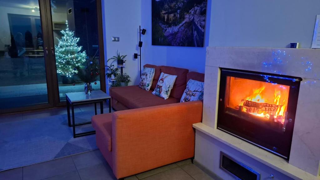 a living room with a fireplace and a couch at Dom uKromki z kominkiem i widokiem na Śnieżkę in Sosnówka