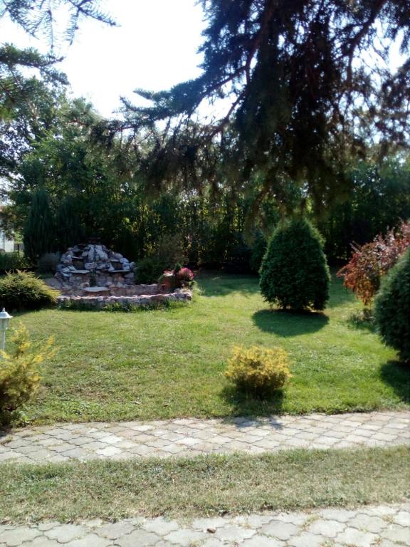 a yard with two bushes and a stone bench at Rajski vrt in Vrdnik
