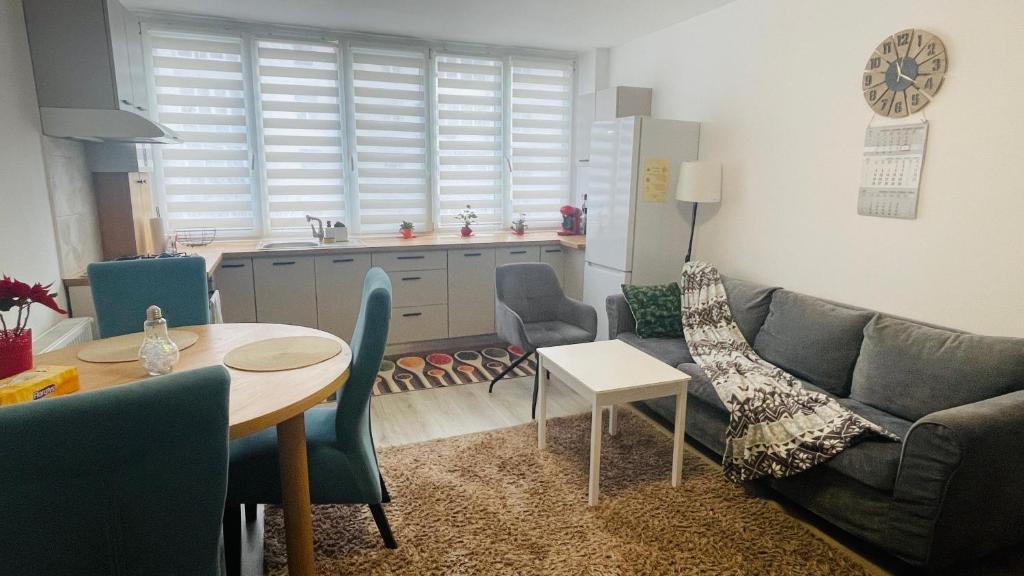 een woonkamer met een bank en een tafel bij Boulevard apartament in Sighetu Marmaţiei