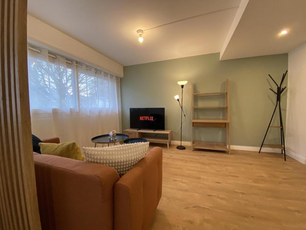 a living room with a couch and a tv at L'Escapade Cosy Proche Métro CHU et EHESP in Rennes