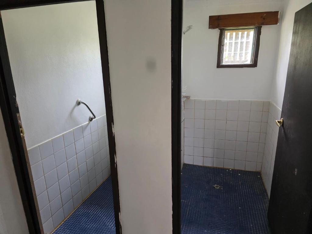 een badkamer met een douche met blauwe tegels bij Tunu House in Viseisei