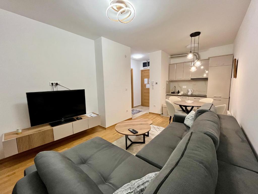 een woonkamer met een grijze bank en een televisie bij Kalisi Panorama Tornik in Zlatibor