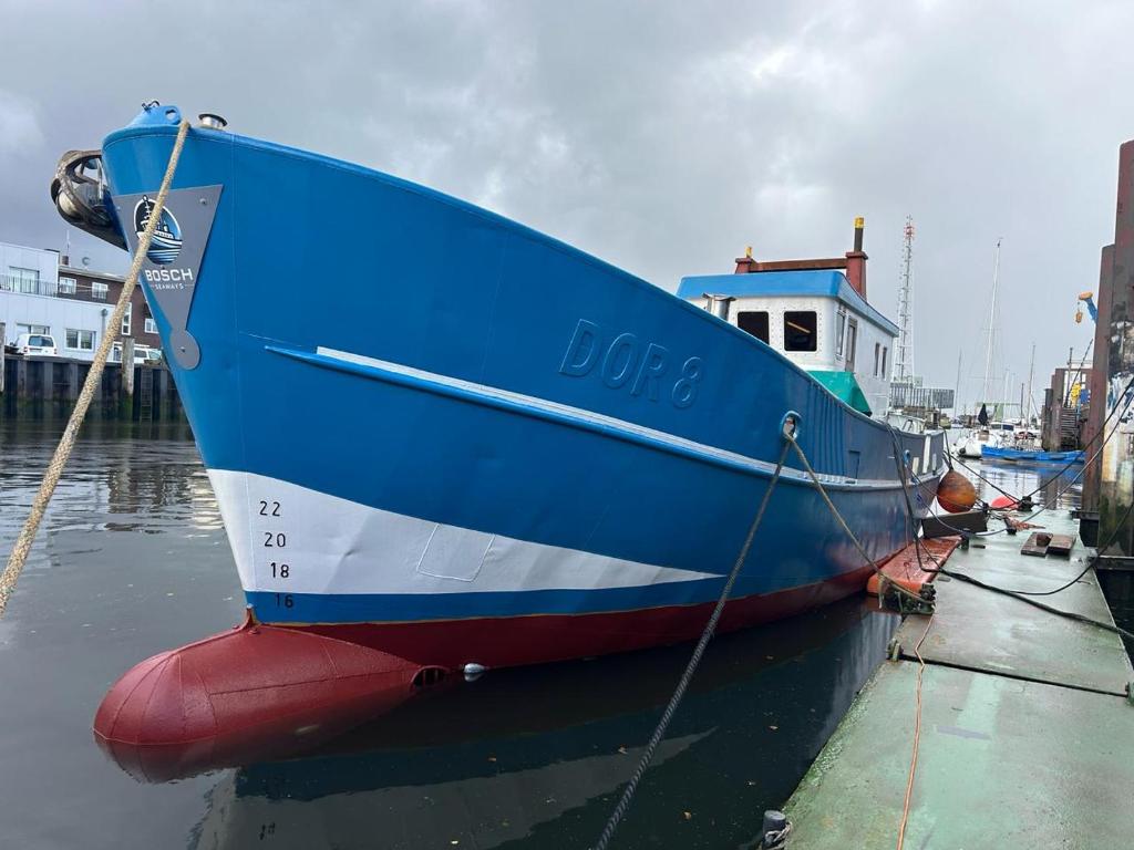 a blue boat is docked in the water at MV Marlies in Ons Belang