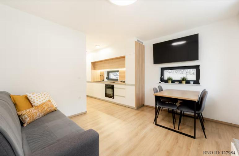 un salon avec un canapé et une table dans l'établissement Apartments Gros, à Radeče