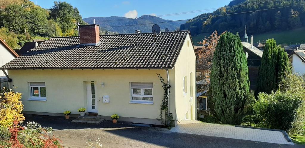 a small white house with a roof at Ferienwohnung Bachklang Oberprechtal in Elzach