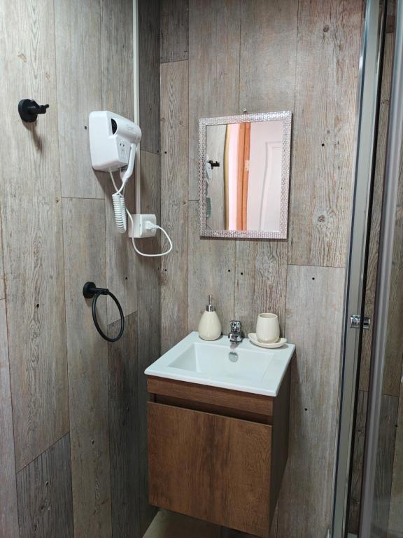 een badkamer met een wastafel en een spiegel bij El puesto in Cochrane