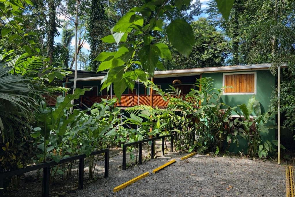 a green house with a fence in front of it at Hotel Boutique The Green Jungle House in Puerto Viejo