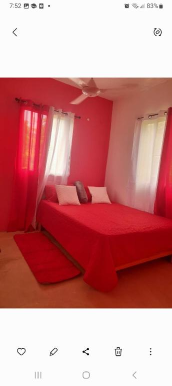 a red bed in a room with two windows at Apartamentos La Mina in Manuel Chiquito