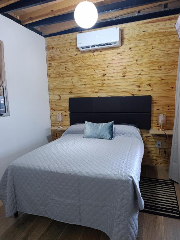 a bedroom with a bed in a room with wooden walls at Lofth house in Piriápolis