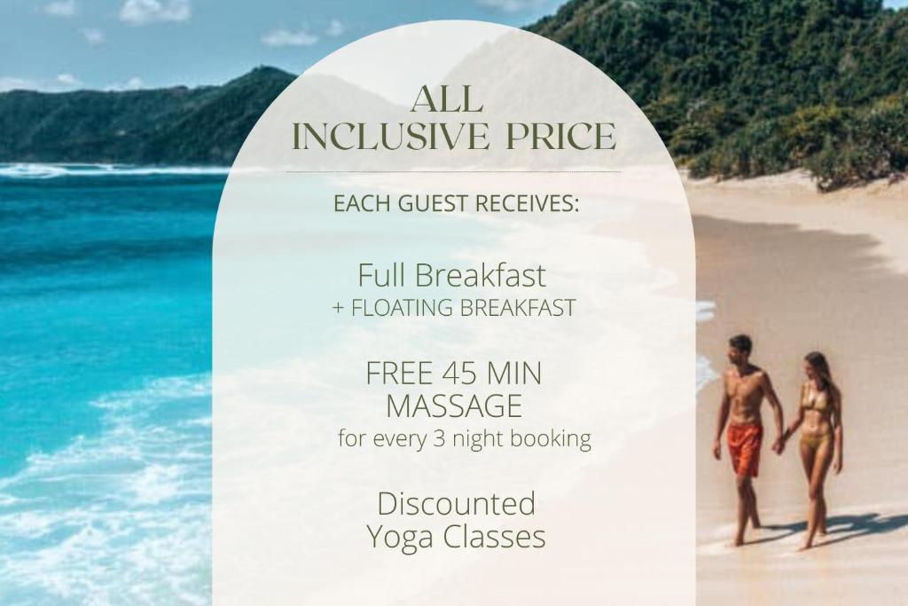 een poster van drie mensen die op een strand lopen bij ZENARA lombok in Kuta Lombok