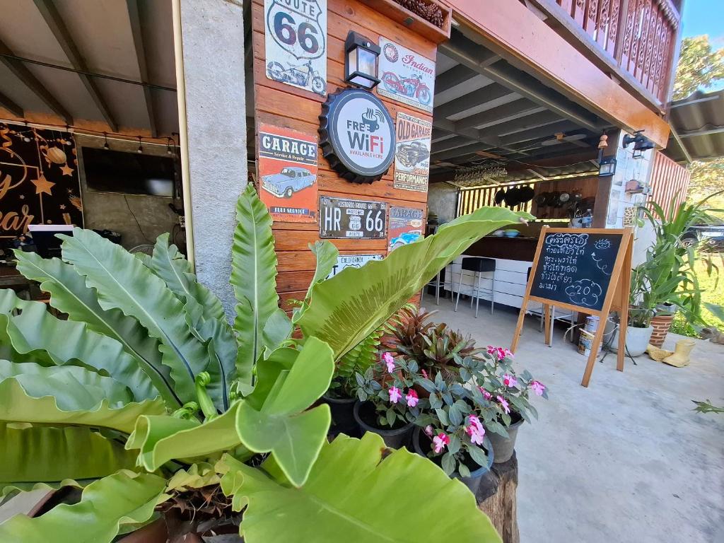 a restaurant with plants in front of a building at บ้านครูเอ๋โฮมสเตย์ Baankruae Homestay in Ban Sop Kha