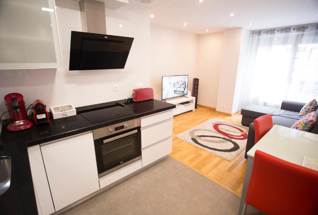 a kitchen with a stove and a tv on the wall at Apartamentos Amaiur in Estella