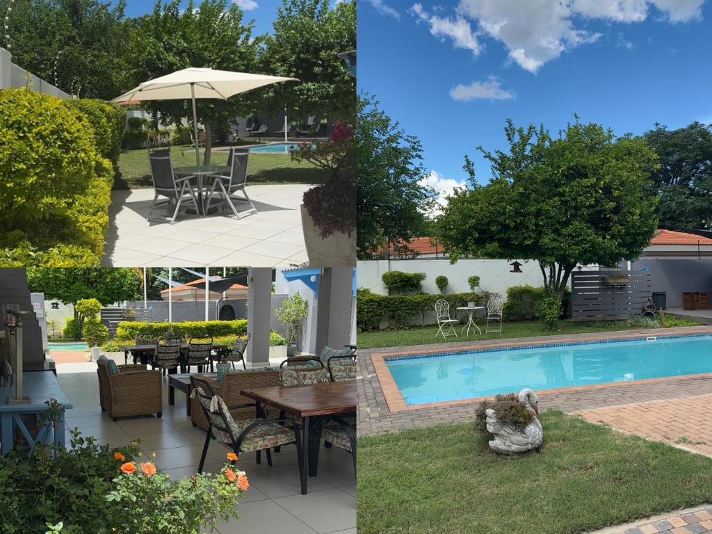 Een collage van foto's van een zwembad en een tuin. bij Aflica Apartments in Gaborone