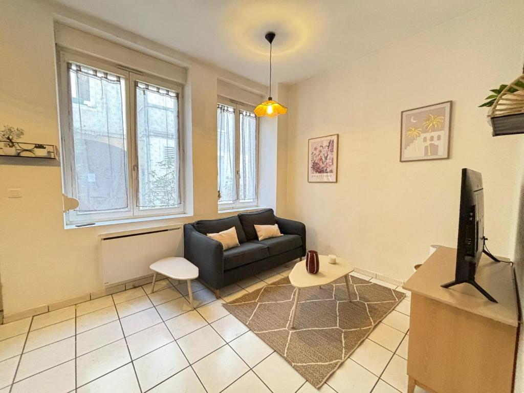 een woonkamer met een bank en een tv bij Le Studio 3, Calme & Cosy à 2 Pas de Stanislas in Nancy