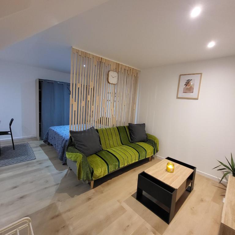 ein Wohnzimmer mit einer grünen Couch und einem Bett in der Unterkunft Riverside in Montereau-faut-Yonne