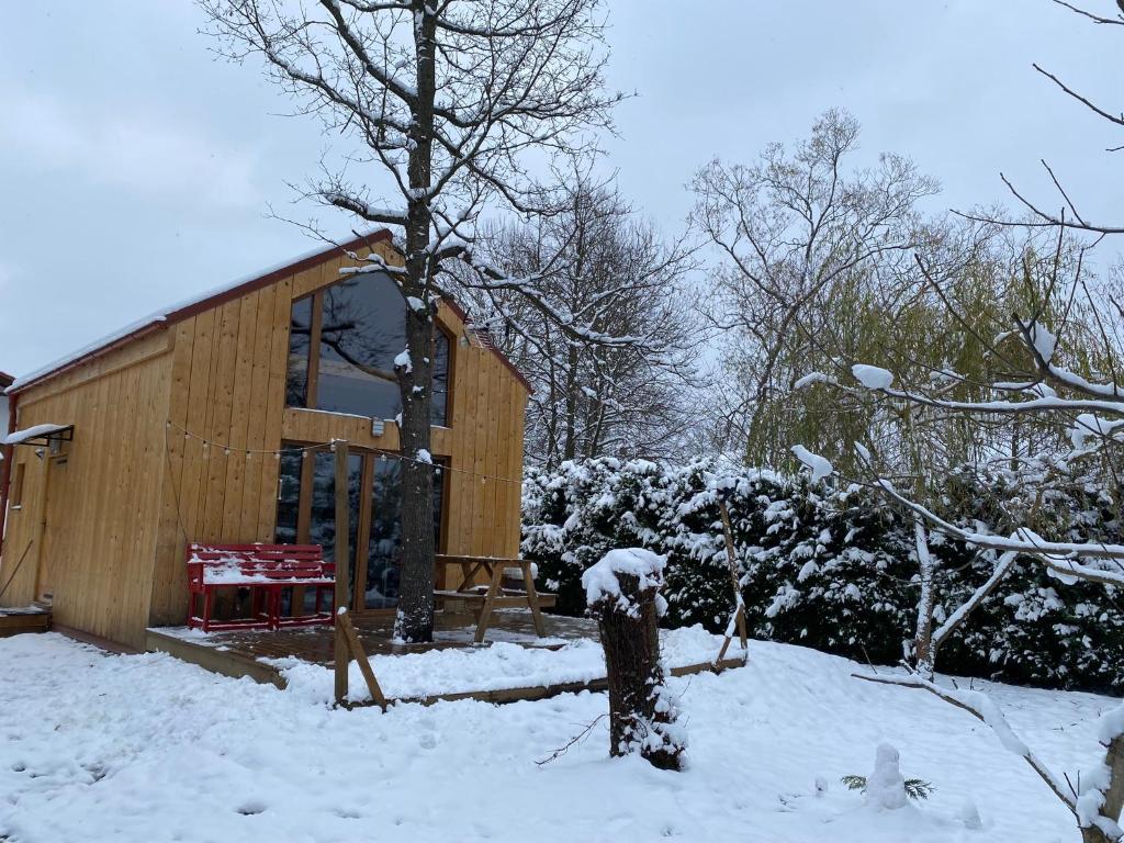 een persoon die in de sneeuw voor een hut staat bij Physio House Sokolik in Komarno