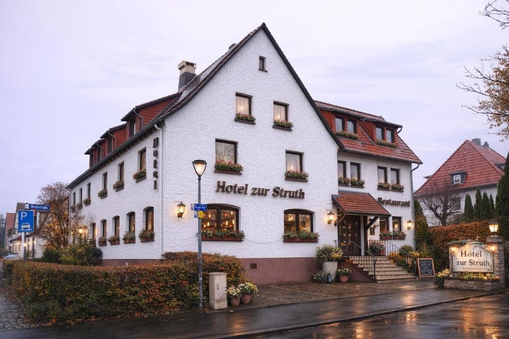 ein weißes Gebäude mit Hoteleingang an einer Straße in der Unterkunft Hotel zur Struth in Eschwege