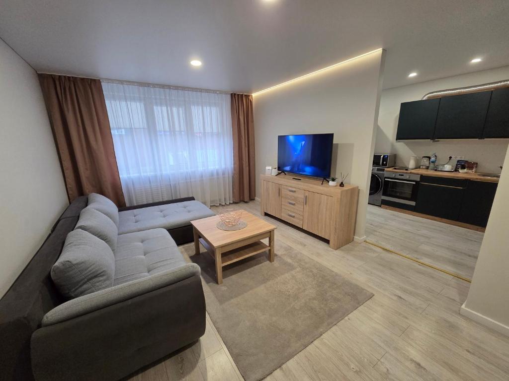 ein Wohnzimmer mit Sofa und Fernseher in der Unterkunft Studio IT on Tumo in Plungė