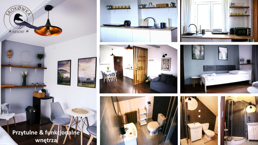 een collage van foto's van een woonkamer en een keuken bij Srokówka Resort in Dąbrówka