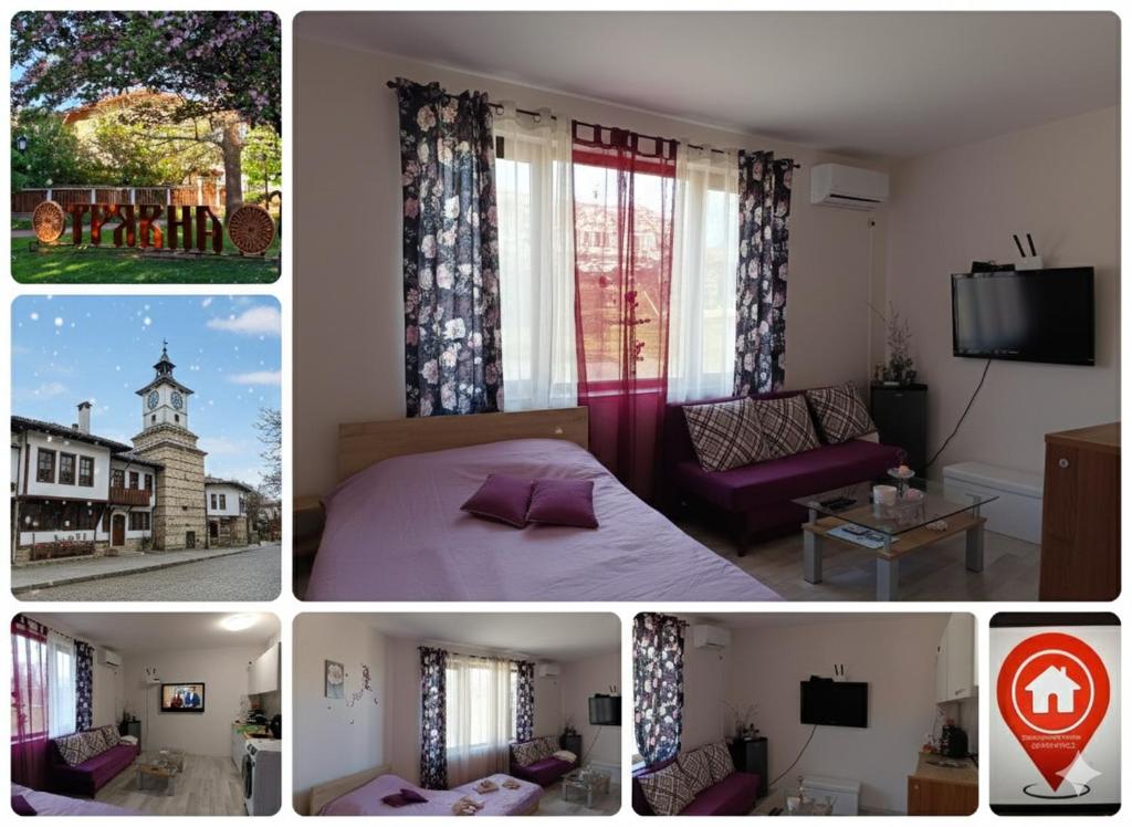 een collage van foto's van een kamer met een bed en een tv bij Ваканционно студио Трявна in Tryavna