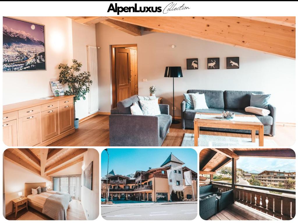 een collage van vier foto's van een woonkamer bij ALPENNEST - AlpenLuxus Collection in Seefeld in Tirol