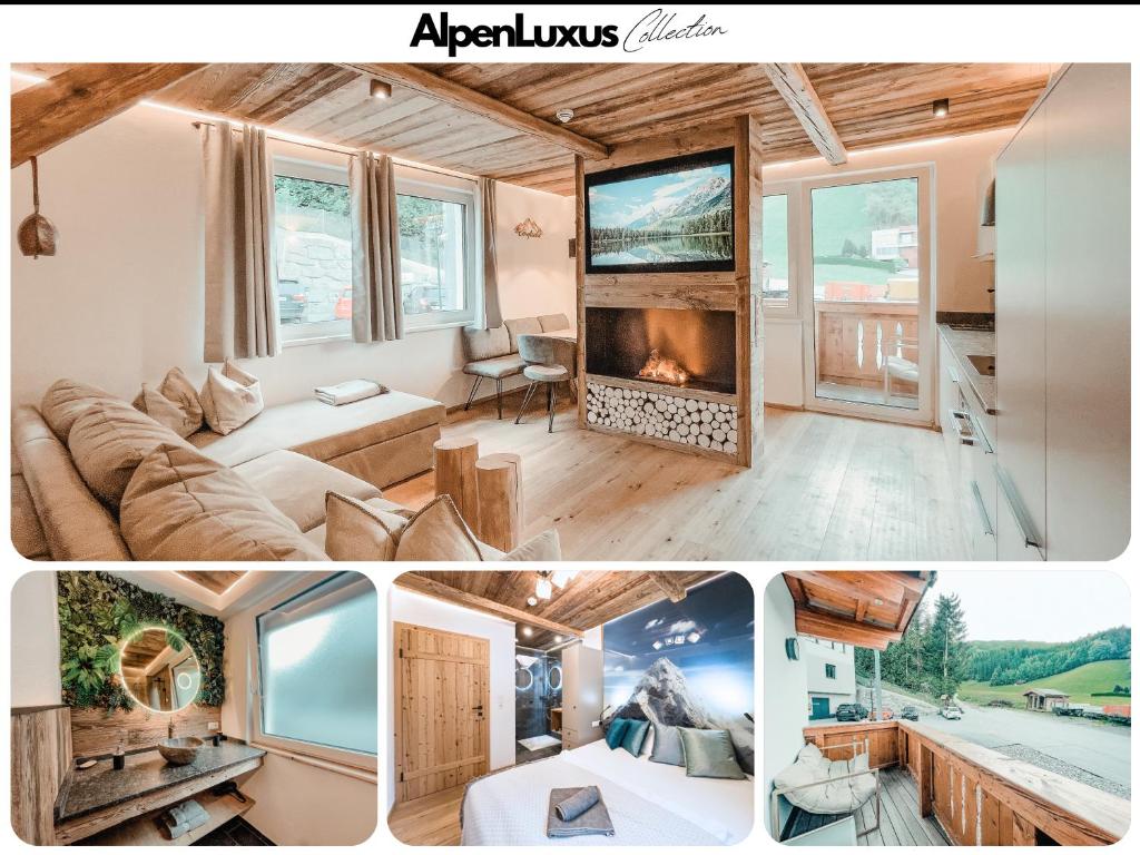 a collage of pictures of a room with a fireplace at OLDWOOD CHALET - AlpenLuxus Collection in Fügen