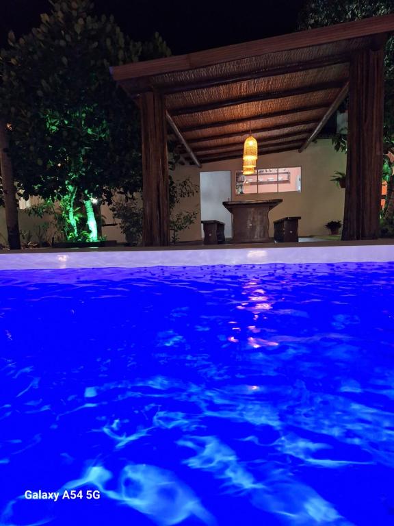 een ijsbeer die 's nachts in een zwembad zwemt bij Pousada jks in Porto Seguro
