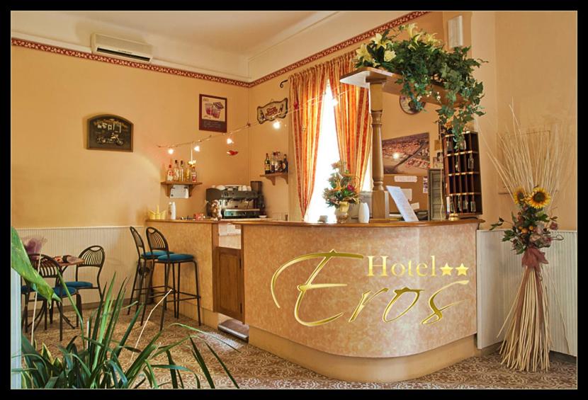 a kitchen with a counter and a bar with plants at Hotel Eros in Lido di Camaiore