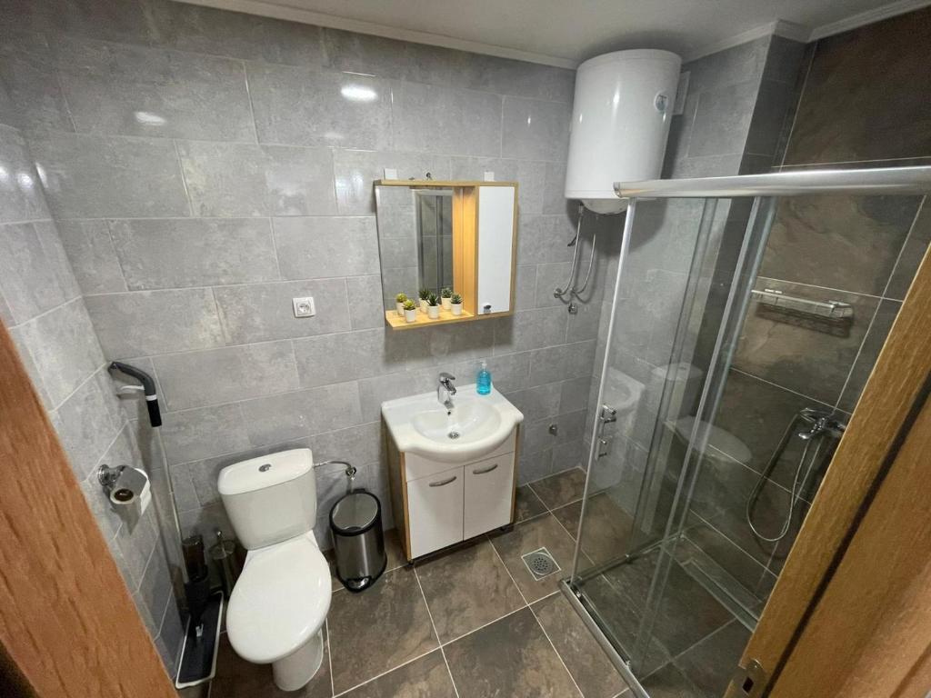 un bagno con doccia, WC e lavandino di La Montana 3 a Zlatibor