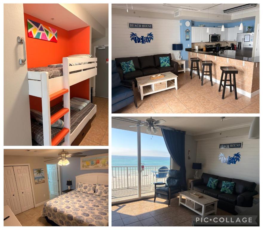 een collage van foto's van een slaapkamer en een woonkamer bij Panama City Beach, Beach Front Condo 207 in Panama City Beach