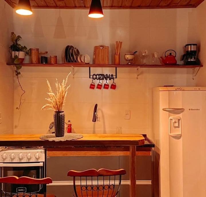 una cucina con bancone, piano cottura e frigorifero di Cabana Pouso Sereno a Domingos Martins