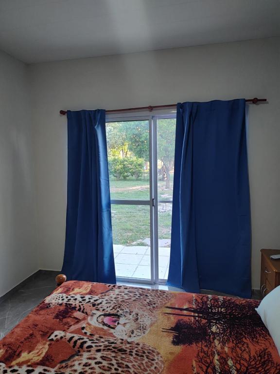 een slaapkamer met een blauw gordijn en een raam bij Departamentos Los corrales in San Andrés de Giles
