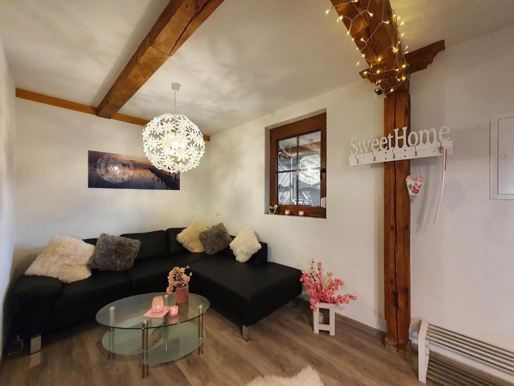 een woonkamer met een zwarte bank en een glazen tafel bij Rennerhof-Siebeneichen Fewo Waschbär in Sulzbach-Rosenberg