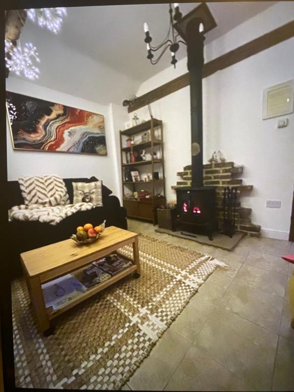 een woonkamer met een bank en een open haard bij Annexe Orchard Cottage in Mersham