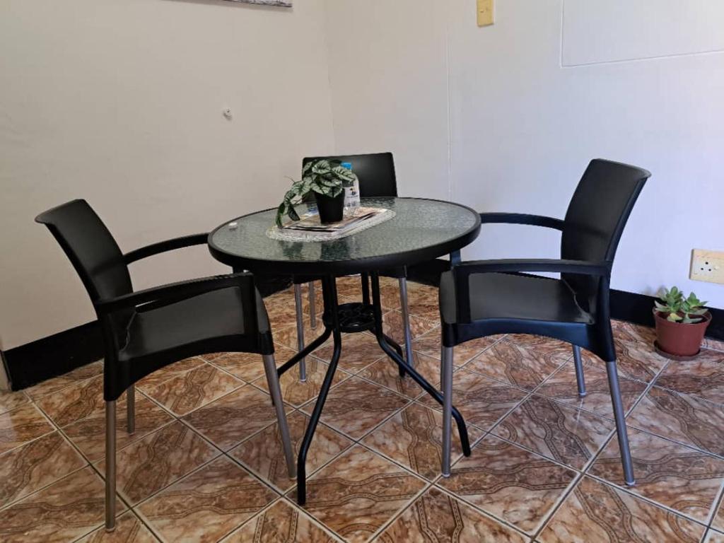 a black table with four chairs and a plant on it at 'LK Accommodation in WALVIS Bay- close Independence Beach in Walvis Bay
