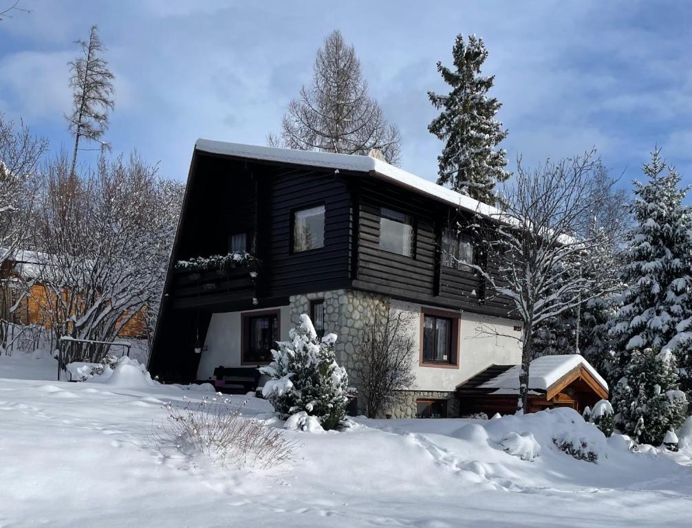 une maison noire et blanche dans la neige dans l'établissement Chata na Polane, à Otilia