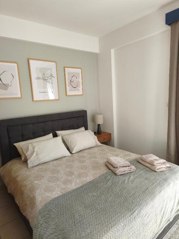 una camera da letto con un letto con due asciugamani sopra di Dn'A home by the lake a Anatolí