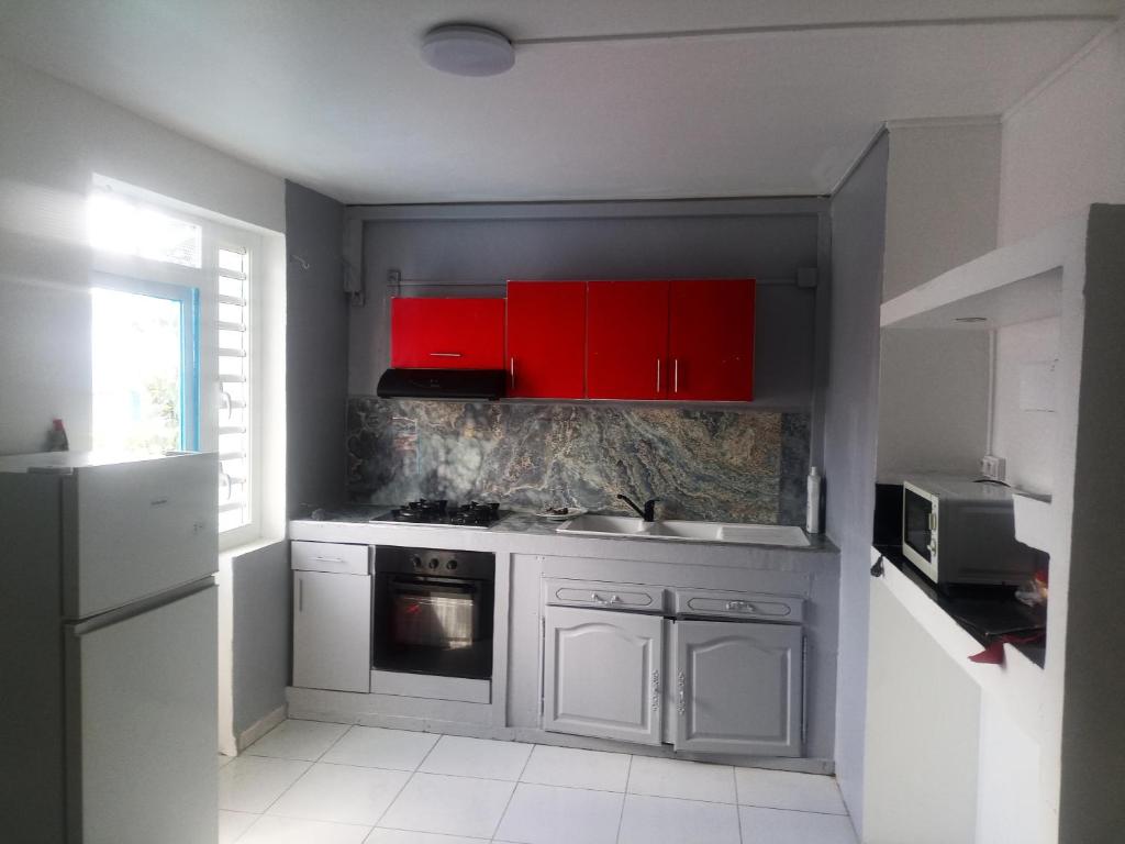 a kitchen with red cabinets and a stove at dragon des iles in Pointe-à-Pitre