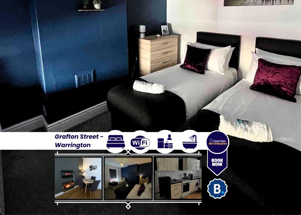 ein Poster für ein Hotelzimmer mit 2 Betten in der Unterkunft 2BR Apt By Eason Stays Short Lets Warrington in Warrington