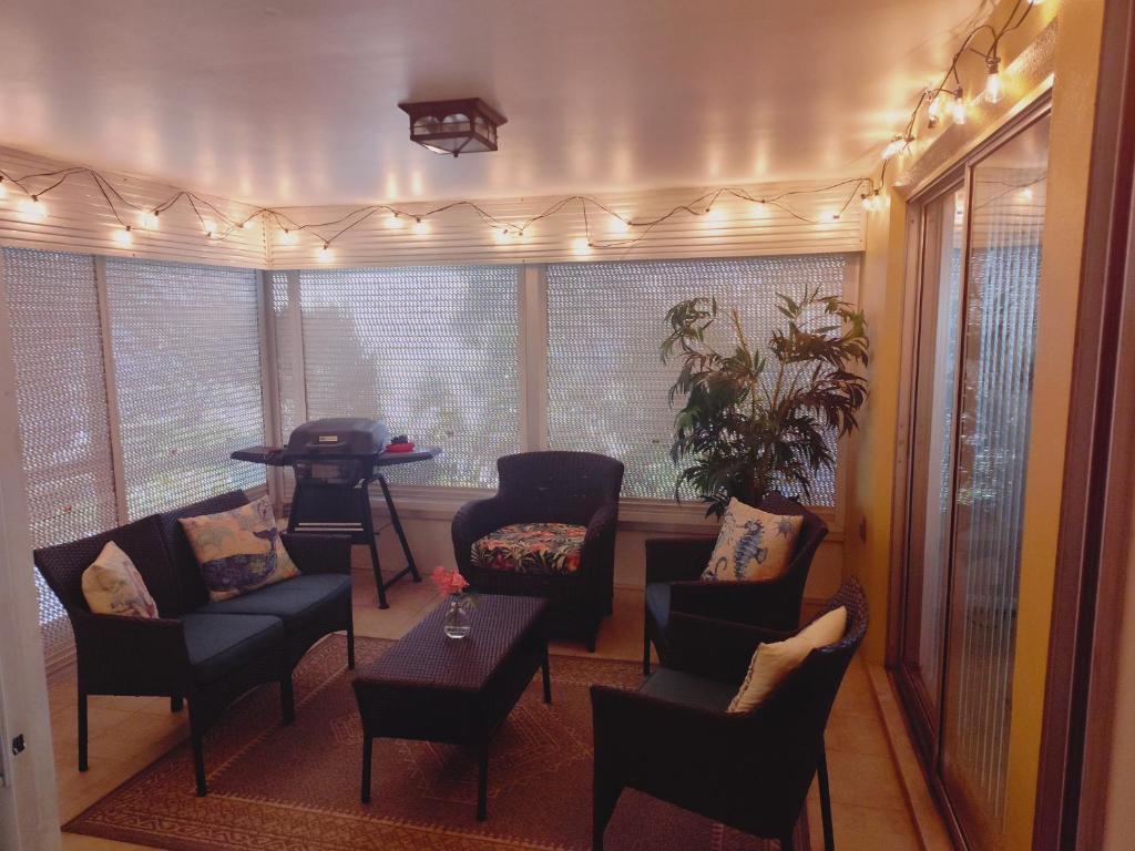 un salon avec des chaises, une table et des fenêtres dans l'établissement Comfortable, Sunny, Quiet Neighborhood, à Port Richey