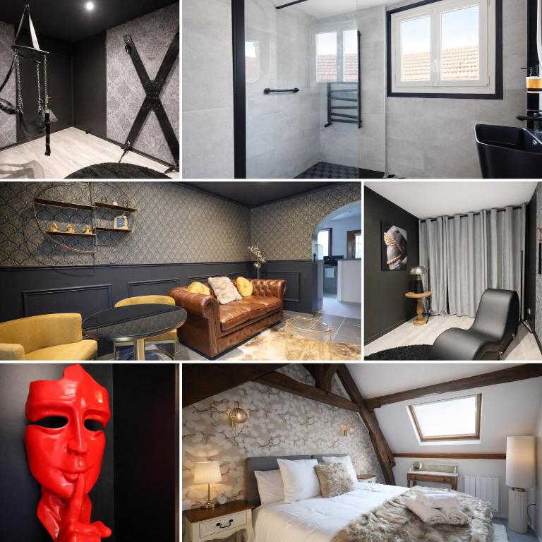 a collage of photos of a hotel room with a bedroom at Les clés du désir in Épône