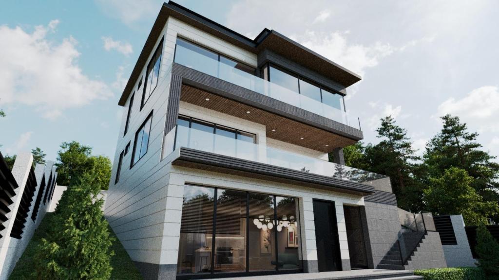 ein modernes Haus mit schwarz-weiß in der Unterkunft Kenac Lerner Dilijan in Dilidschan