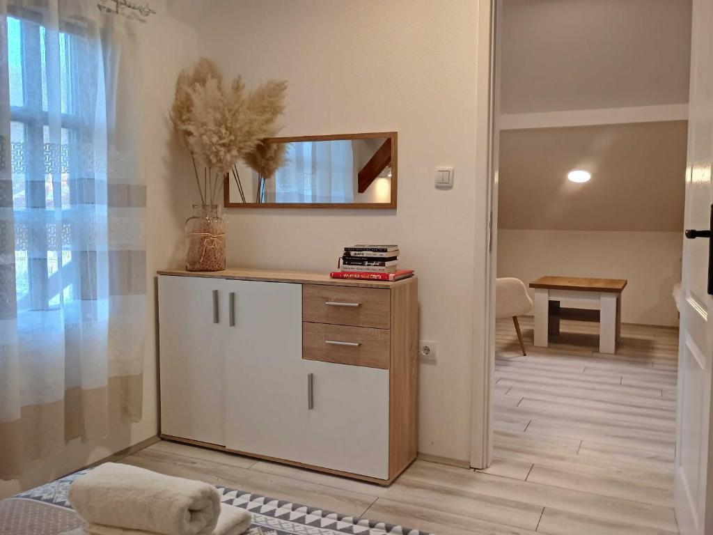 een kamer met een aanrecht met een spiegel en een tafel bij Riverside in Valjevo