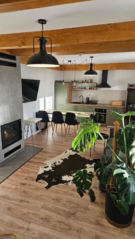 a living room with a fireplace and a dining room at Apartament NA PIĘTERKU in Rzepiska