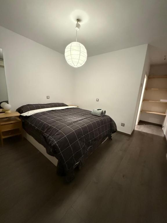 een slaapkamer met een bed en een hanglamp bij Onlyroom Madrid Gabriel Usera in Madrid